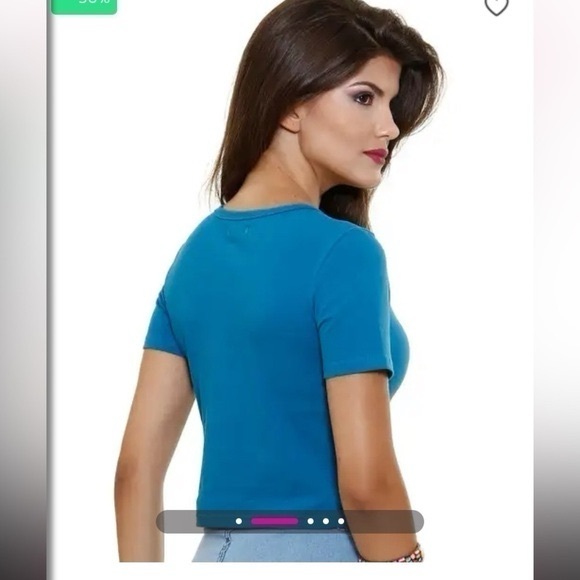 Victorias Secret Tee SHOP PEACOCK BLUE COTTON BLEND STRETCHABLE CROPPED Sz M - Picture 2 of 9